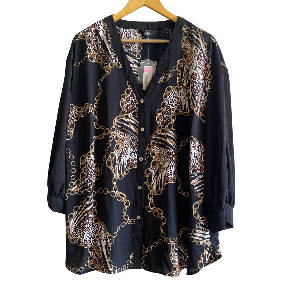 Slim Factor by Investments Women XL Black Gold Chain‎ Leopard Print Blouse NWT